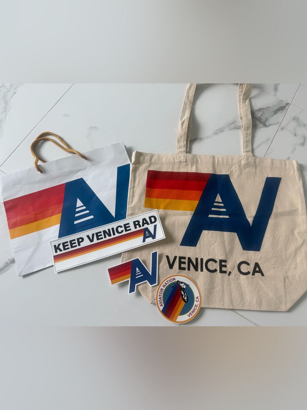 Aviator Nation Beige Canvas Venice Tote with Rainbow Stripe and Navy Logo new